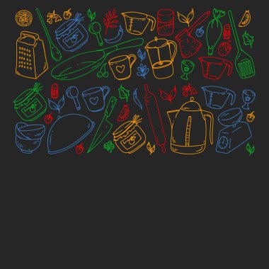 Gıda ve mutfak utencil ile Desen. Yemek sınıfı, restoran için menü, mağazalar için afişler