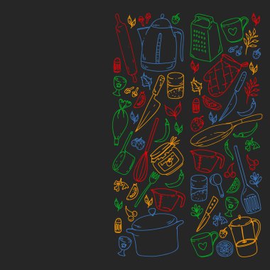 Gıda ve mutfak utencil ile Desen. Yemek sınıfı, restoran için menü, mağazalar için afişler