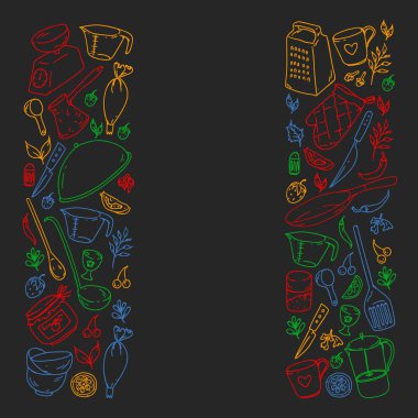 Gıda ve mutfak utencil ile Desen. Yemek sınıfı, restoran için menü, mağazalar için afişler