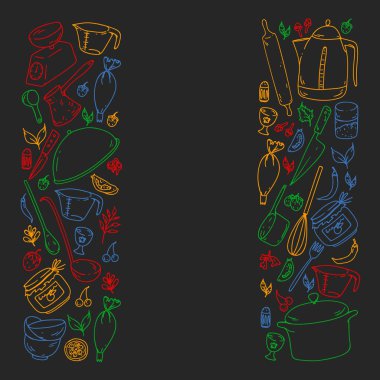 Gıda ve mutfak utencil ile Desen. Yemek sınıfı, restoran için menü, mağazalar için afişler