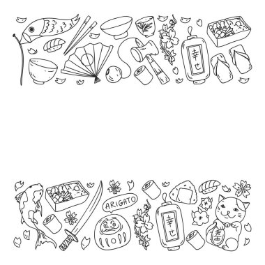 Japonya. Japon geleneksel öğeleri ile vektör desen. Fuji Dağı, sacura çiçekler, origami.