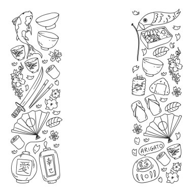 Japonya. Japon geleneksel öğeleri ile vektör desen. Fuji Dağı, sacura çiçekler, origami.