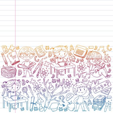 Okula geri dön. Vektör simgeleri ve küçük çocuklar için öğeleri, kolej, online kurslar. Doodle tarzı, çocuk çizim