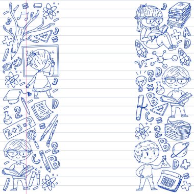 Okula geri dön. Vektör simgeleri ve küçük çocuklar için öğeleri, kolej, online kurslar. Doodle tarzı, çocuk çizim