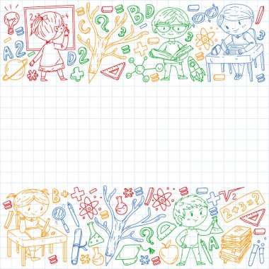 Okula geri dön. Vektör simgeleri ve küçük çocuklar için öğeleri, kolej, online kurslar. Doodle tarzı, çocuk çizim