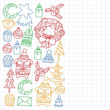 Hediyeler, Sevimli karikatür hayvanlar ile kağıt sarma için kış Noel vektör deseni. Yeni yıl kutlama.