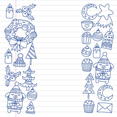 Hediyeler, Sevimli karikatür hayvanlar ile kağıt sarma için kış Noel vektör deseni. Yeni yıl kutlama.
