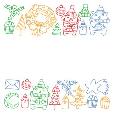 Hediyeler, Sevimli karikatür hayvanlar ile kağıt sarma için kış Noel vektör deseni. Yeni yıl kutlama.