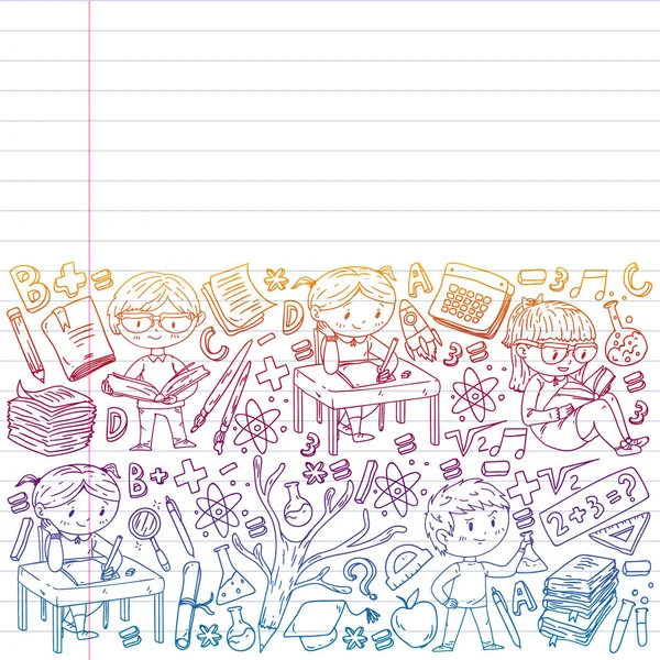 Okula geri dön. Vektör simgeleri ve küçük çocuklar için öğeleri, kolej, online kurslar. Doodle tarzı, çocuk çizim