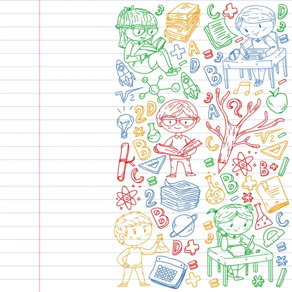 Okula geri dön. Vektör simgeleri ve küçük çocuklar için öğeleri, kolej, online kurslar. Doodle tarzı, çocuk çizim