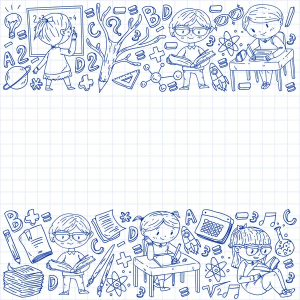 Je retourne à l'école. Icônes vectorielles et éléments pour les petits enfants, collège, cours en ligne. Doodle style, dessin pour enfants — Image vectorielle