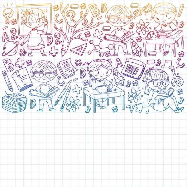 De volta à escola. Ícones vetoriais e elementos para crianças pequenas, faculdade, cursos on-line. Doodle estilo, crianças desenho — Vetor de Stock