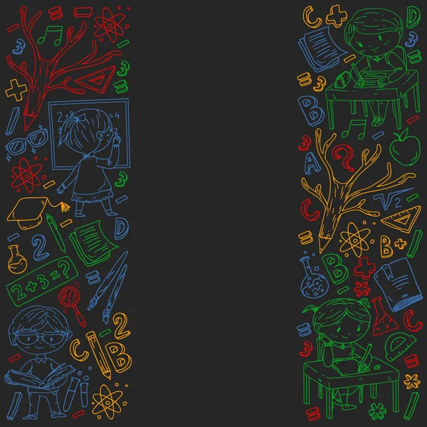 Okula geri dön. Vektör simgeleri ve küçük çocuklar için öğeleri, kolej, online kurslar. Doodle tarzı, çocuk çizim