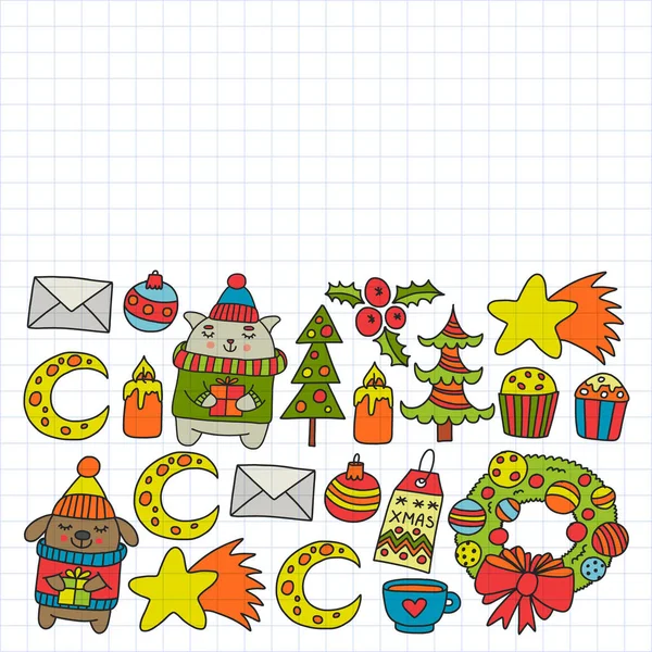 Hediyeler, Sevimli karikatür hayvanlar ile kağıt sarma için kış Noel vektör deseni. Yeni yıl kutlama.