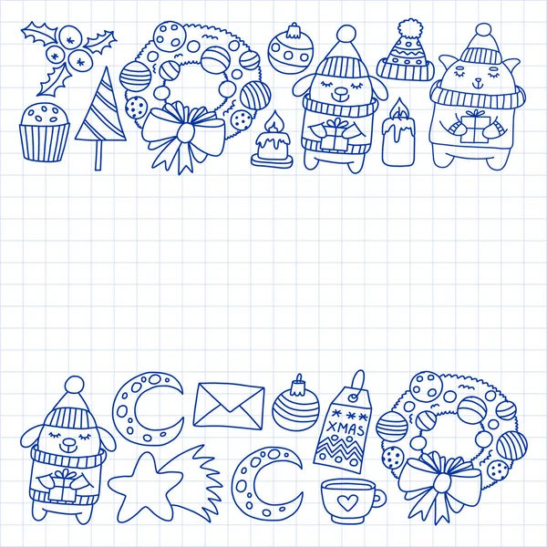 Téli karácsonyi vektor minta csomagolópapír bemutatja, aranyos rajzfilm állatok. Újévi ünnepség. — Stock Vector