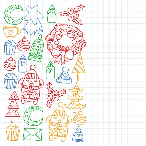 Hediyeler, Sevimli karikatür hayvanlar ile kağıt sarma için kış Noel vektör deseni. Yeni yıl kutlama.