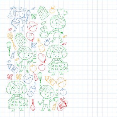 Sağlıklı gıda ve yemek. Meyve, sebze, ev için. Vektör set doodle.