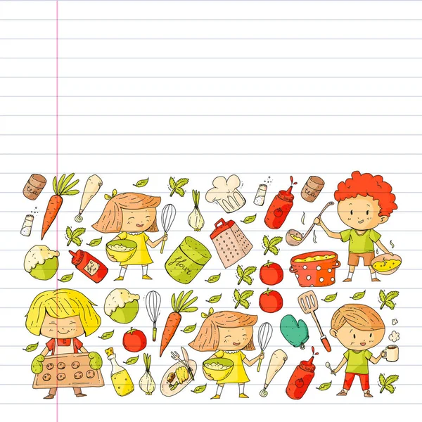 健康食品と料理します。果物、野菜、家庭。落書きベクトルを設定. — ストックベクタ
