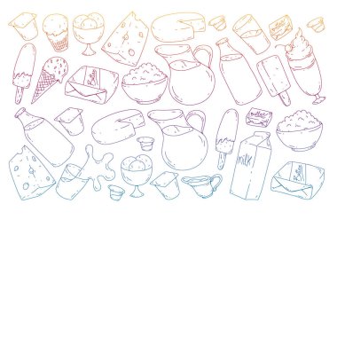 Süt, tereyağı, süzme peynir, ekşi krema, peynir, yoğurt, dondurma, krema simgeleri ile Vektör desen. Süt ürünlerinin toplanması.