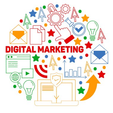 Vektör simgeleri ile dijital pazarlama deseni. Yönetim, start up, iş, internet teknolojisi.