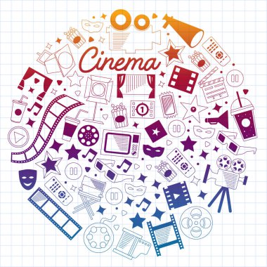 Sinema simgeleri ile vektör deseni. Sinema, Tv, patlamış mısır, video klipler, müzikal