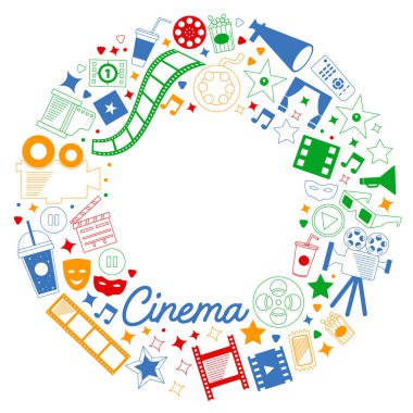 Sinema simgeleri ile vektör deseni. Sinema, Tv, patlamış mısır, video klipler, müzikal