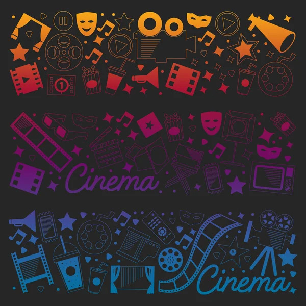 Patrón vectorial con iconos de cine. Cine, Televisión, palomitas de maíz, videoclips, musical — Archivo Imágenes Vectoriales