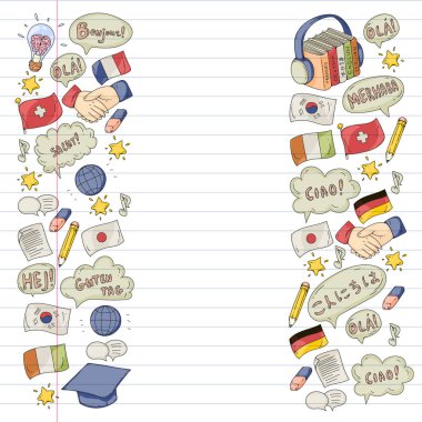 Dil sınıfı için vektör deseni, çevrimiçi kurslar. İngilizce, Arapça, İtalyanca, Japonca, İspanyolca, Çince, Almanca.