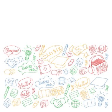 Dil sınıfı için vektör deseni, çevrimiçi kurslar. İngilizce, Arapça, İtalyanca, Japonca, İspanyolca, Çince, Almanca.