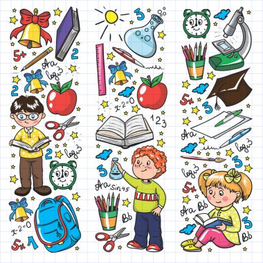 Küçük çocuklar ile vektör deseni. Okula geri dön. Coğrafya, geometri, matematik, fizik, kimya, astronomi