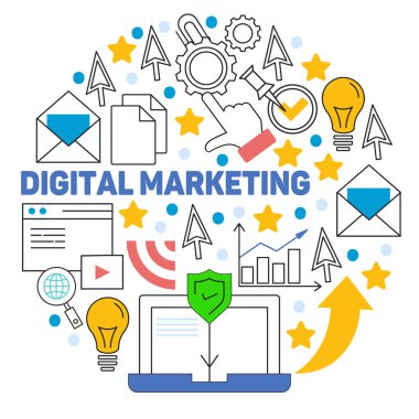 Vektör simgeleri ile dijital pazarlama deseni. Yönetim, start up, iş, internet teknolojisi.