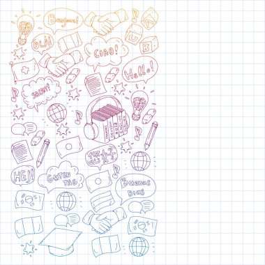 Dil sınıfı için vektör deseni, çevrimiçi kurslar. İngilizce, Arapça, İtalyanca, Japonca, İspanyolca, Çince, Almanca.