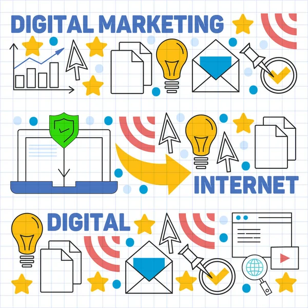 Digitales Marketingmuster mit Vektorsymbolen. Management, Gründung, Geschäft, Internettechnologie. — Stockvektor