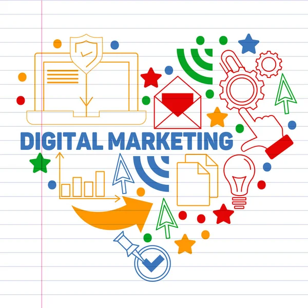 Modello di marketing digitale con icone vettoriali. Gestione, start up, business, tecnologia internet . — Vettoriale Stock