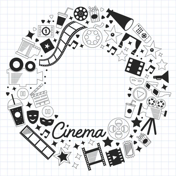 Modèle vectoriel avec icônes de cinéma. Cinéma, TV, pop-corn, clips vidéo, comédie musicale — Image vectorielle