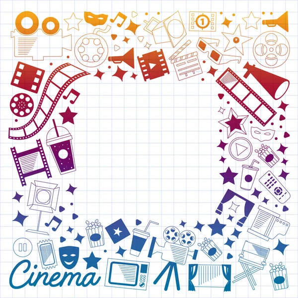 Patrón vectorial con iconos de cine. Cine, Televisión, palomitas de maíz, videoclips, musical — Archivo Imágenes Vectoriales