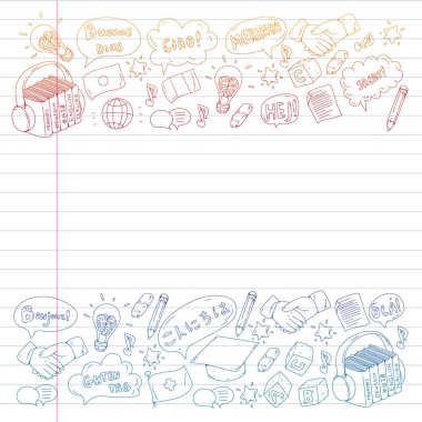 Dil sınıfı için vektör deseni, çevrimiçi kurslar. İngilizce, Arapça, İtalyanca, Japonca, İspanyolca, Çince, Almanca.