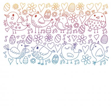 Desen çocuk kumaş, tekstil, kreş duvar kağıdı. Vektör Illustration. Küçük çocuklar için el çizilmiş şarkı kuşlar ve çiçekler.