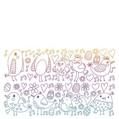 Desen çocuk kumaş, tekstil, kreş duvar kağıdı. Vektör Illustration. Küçük çocuklar için el çizilmiş şarkı kuşlar ve çiçekler.