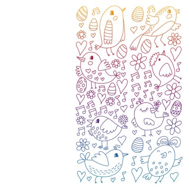 Desen çocuk kumaş, tekstil, kreş duvar kağıdı. Vektör Illustration. Küçük çocuklar için el çizilmiş şarkı kuşlar ve çiçekler.