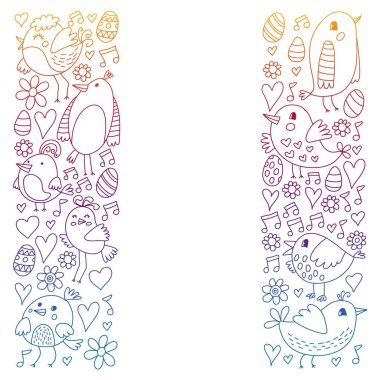 Desen çocuk kumaş, tekstil, kreş duvar kağıdı. Vektör Illustration. Küçük çocuklar için el çizilmiş şarkı kuşlar ve çiçekler.