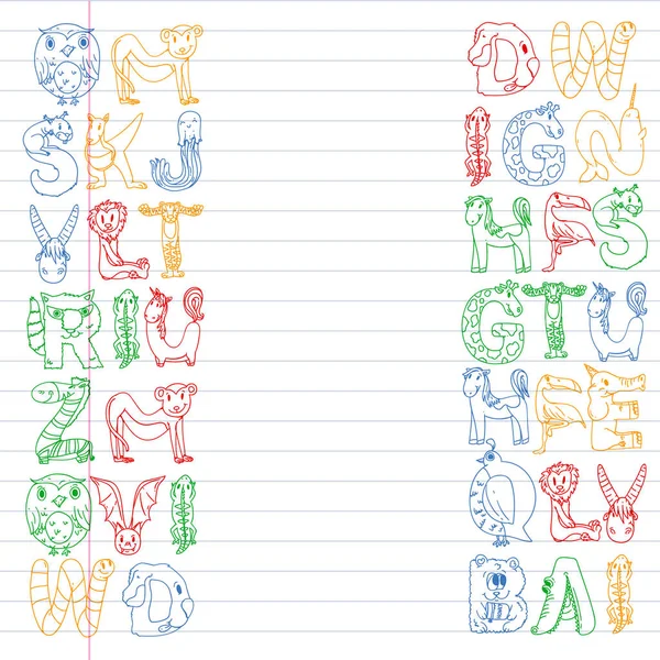 Tierbuchstaben. Zoo-Alphabet. Buchstaben von a bis z. Karikatur niedliche Tiere. Elefant, Hund, Flamingo, Giraffe, Pferd, Alligator, Bär, Katze. — Stockvektor