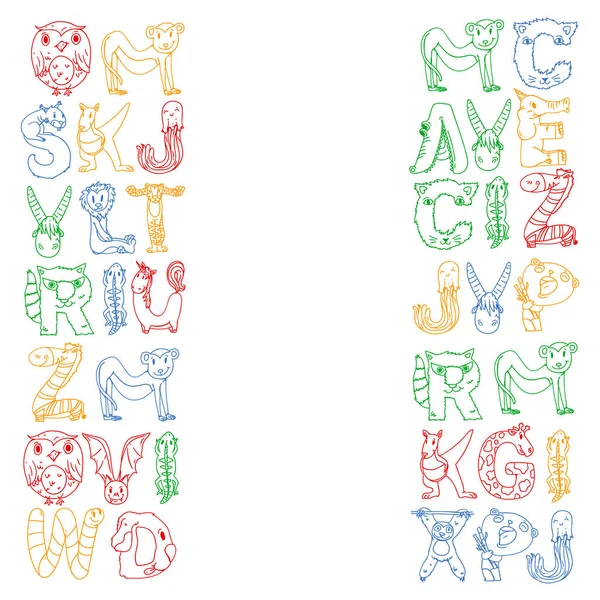 Tierbuchstaben. Zoo-Alphabet. Buchstaben von a bis z. Karikatur niedliche Tiere. Elefant, Hund, Flamingo, Giraffe, Pferd, Alligator, Bär, Katze. — Stockvektor