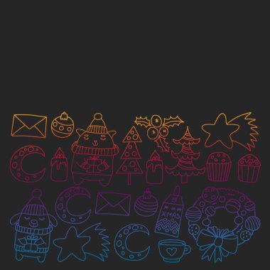 Hediyeler, Sevimli karikatür hayvanlar ile kağıt sarma için kış Noel vektör deseni. Yeni yıl kutlama.