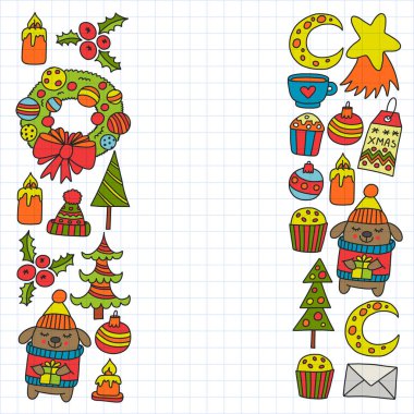 Hediyeler, Sevimli karikatür hayvanlar ile kağıt sarma için kış Noel vektör deseni. Yeni yıl kutlama.