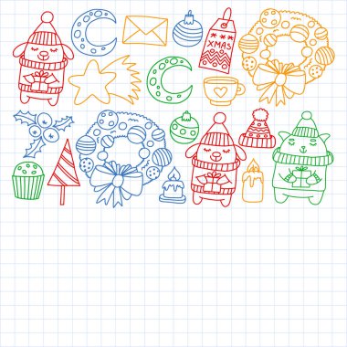 Hediyeler, Sevimli karikatür hayvanlar ile kağıt sarma için kış Noel vektör deseni. Yeni yıl kutlama.