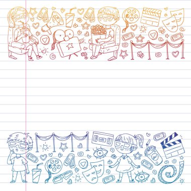 Ambalaj kağıdı, posterler, afişler, broşürler için vektör simgeleri ile Sinema deseni. 3d film, tv, müzikal.