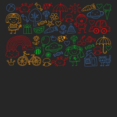 Sevimli küçük çocuklar oynar. Anaokulu, eğitim, spor. Desenler, afişler, posterler için çocuk ve oyuncaklar Simgeleri.