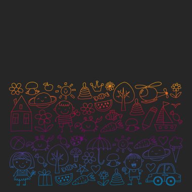 Sevimli küçük çocuklar oynar. Anaokulu, eğitim, spor. Desenler, afişler, posterler için çocuk ve oyuncaklar Simgeleri.