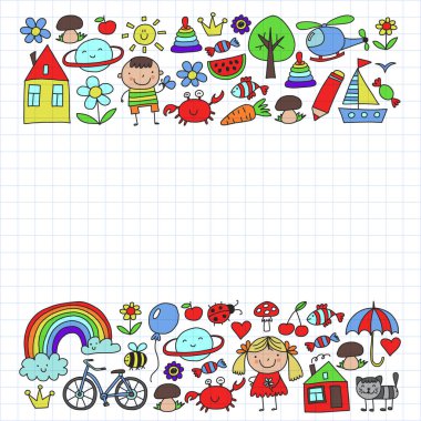 Sevimli küçük çocuklar oynar. Anaokulu, eğitim, spor. Desenler, afişler, posterler için çocuk ve oyuncaklar Simgeleri.